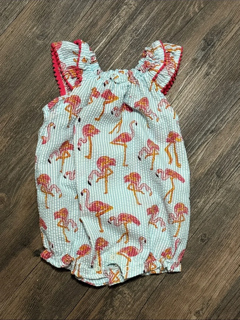 Mud Pie Mint Seersucker Romper with Pink & Yellow Flamingos